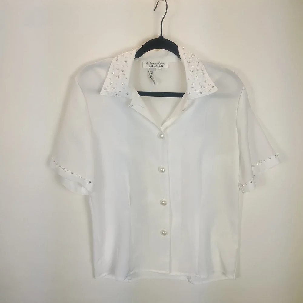 Laura & Jayne Short Sleeve Blouse Women's 6 White Pearl Vintage Coquette Femine - Picture 1 of 11